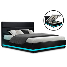 Load image into Gallery viewer, Artiss RGB LED Bed Frame King Size Gas Lift Base Storage Black Leather LUMI