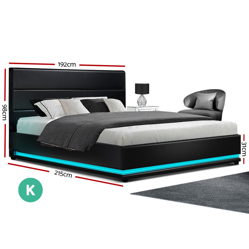 Artiss rgb led bed frame king size gas lift base storage black leather lumi discount