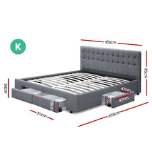 Load image into Gallery viewer, KING Bed Frame with 4 Storage Drawers AVIO Fabric Headboard Wooden