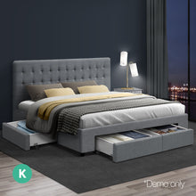 Load image into Gallery viewer, KING Bed Frame with 4 Storage Drawers AVIO Fabric Headboard Wooden