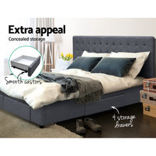 Load image into Gallery viewer, KING Bed Frame with 4 Storage Drawers AVIO Fabric Headboard Wooden