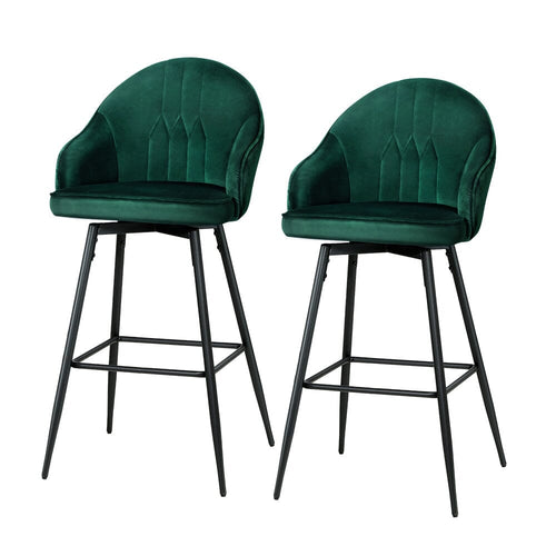 2x Bar Stools Velvet Swivel Metal Legs Green Furniture Kings Warehouse 