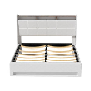 Artiss Bed Frame Gas Lift LED Beds Base Platform White PVC Leather Storage Headboard - Queen