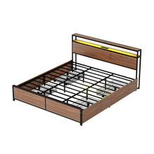 Load image into Gallery viewer, Artiss Metal Bed Frame King Size with 2-Tier Storage Headboard Metal Platform with 4 Storage Drawers Built in Charging Station &amp; LED Noise-Free/Metal Support/No Box Spring Needed Vintage Brown