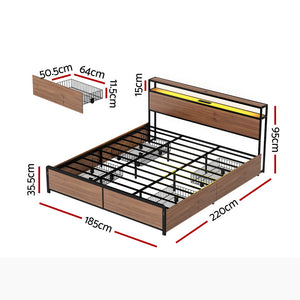 Artiss Metal Bed Frame King Size with 2-Tier Storage Headboard Metal Platform with 4 Storage Drawers Built in Charging Station & LED Noise-Free/Metal Support/No Box Spring Needed Vintage Brown