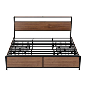 Artiss Metal Bed Frame King Size with 2-Tier Storage Headboard Metal Platform with 4 Storage Drawers Built in Charging Station & LED Noise-Free/Metal Support/No Box Spring Needed Vintage Brown