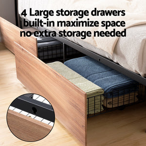 Artiss Metal Bed Frame King Size with 2-Tier Storage Headboard Metal Platform with 4 Storage Drawers Built in Charging Station & LED Noise-Free/Metal Support/No Box Spring Needed Vintage Brown