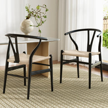 Load image into Gallery viewer, 1 Set of 2 Artiss Dining Chairs Wooden Rattan Wishbone Black