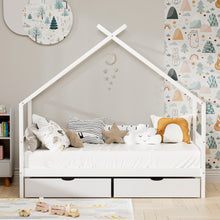 Load image into Gallery viewer, Artiss Bed Frame Wooden Base Kids Single Timber House  with 2 Storage Drawers Beds White