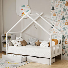 Load image into Gallery viewer, Artiss Bed Frame Wooden Base Kids Single Timber House  with 2 Storage Drawers Beds White
