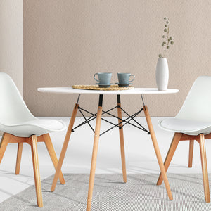 Artiss Round Dining Table 4 Seater 90cm White Replica Eames DSW Cafe Kitchen Retro Timber Wood MDF Tables