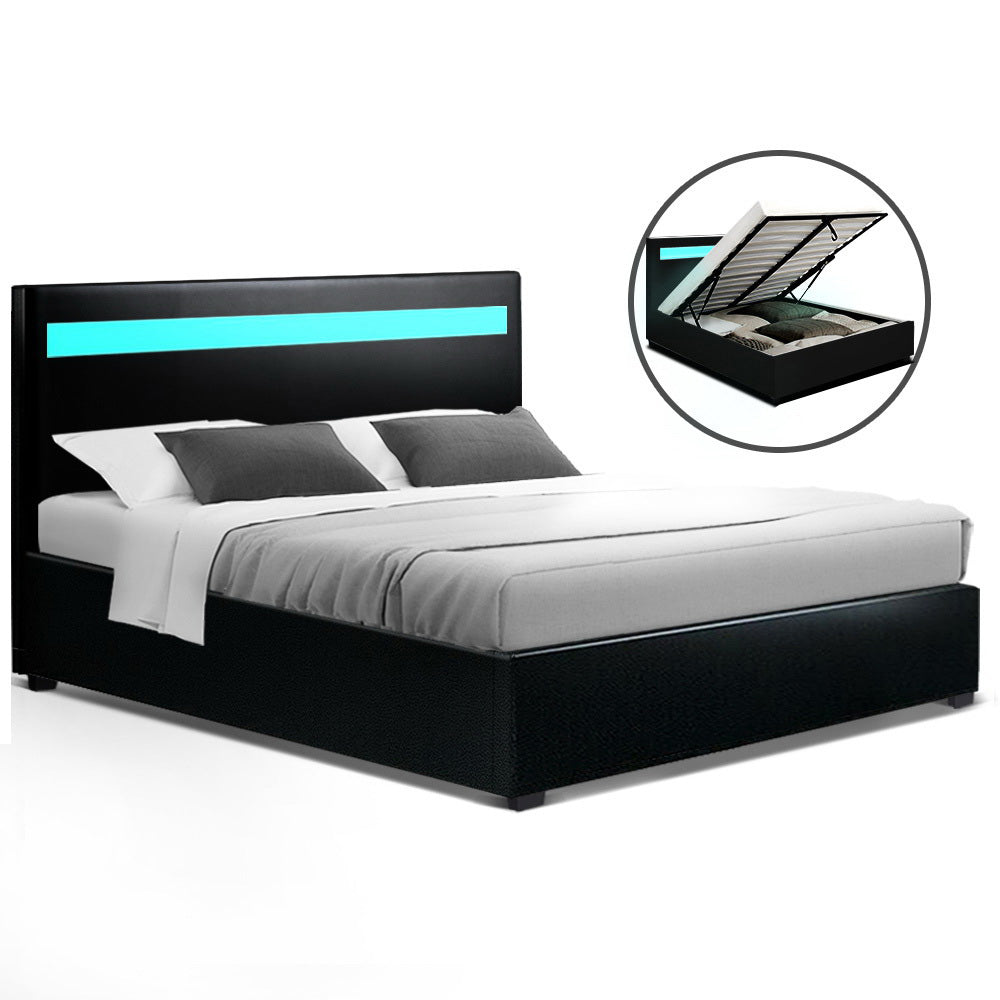 Artiss LED Bed Frame Queen Size Gas Lift Base With Storage Black Leather