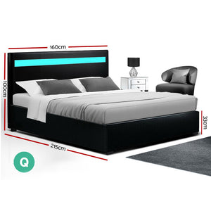 Artiss LED Bed Frame Queen Size Gas Lift Base With Storage Black Leather