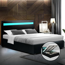 Load image into Gallery viewer, Artiss LED Bed Frame Queen Size Gas Lift Base With Storage Black Leather