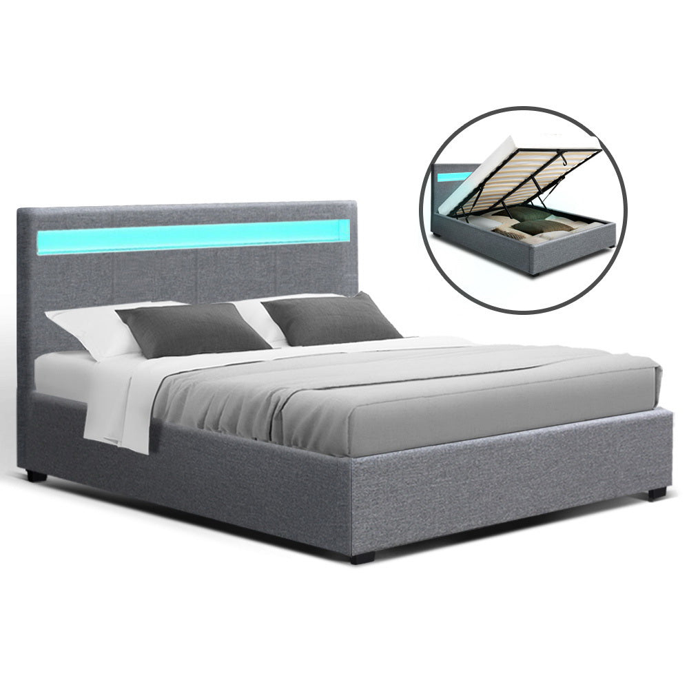 Artiss LED Bed Frame Queen Size Gas Lift Base With Storage Grey Fabric COLE