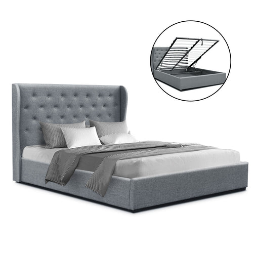 Artiss Queen Size Gas Lift Bed Frame Base With Storage Mattress Grey Fabric Wooden