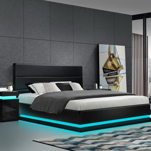 Artiss RGB LED Bed Frame Double Full Size Gas Lift Base Storage Black Leather LUMI