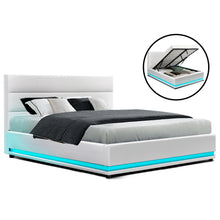 Load image into Gallery viewer, Artiss RGB LED Bed Frame Double Full Size Gas Lift Base Storage White Leather LUMI