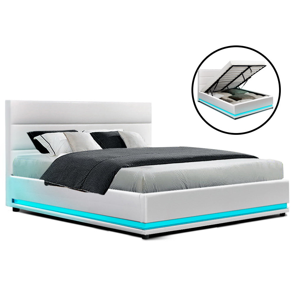 Artiss RGB LED Bed Frame Double Full Size Gas Lift Base Storage White Leather LUMI