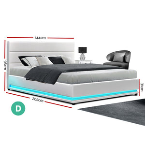 Artiss RGB LED Bed Frame Double Full Size Gas Lift Base Storage White Leather LUMI