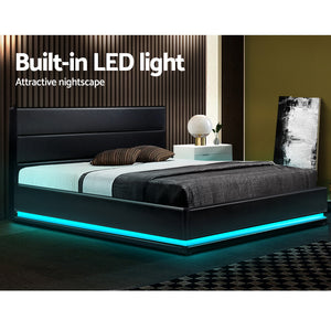 Artiss RGB LED Bed Frame Queen Size Gas Lift Base Storage Black Leather LUMI