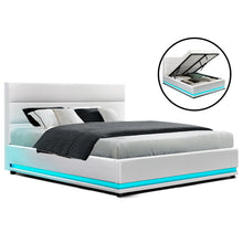 Load image into Gallery viewer, Artiss RGB LED Bed Frame Queen Size Gas Lift Base Storage White Leather LUMI