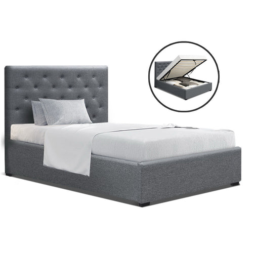 Artiss VILA King Single Size Gas Lift Bed Frame Base With Storage Mattress Grey Fabric