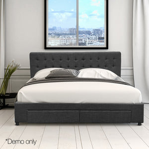 Artiss Double Size Fabric Bed Frame Headboard with Drawers  - Charcoal