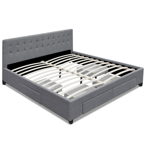 QUEEN Bed Frame with 4 Storage Drawers AVIO Fabric Headboard Wooden