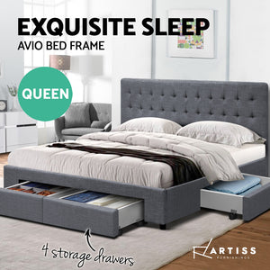 QUEEN Bed Frame with 4 Storage Drawers AVIO Fabric Headboard Wooden