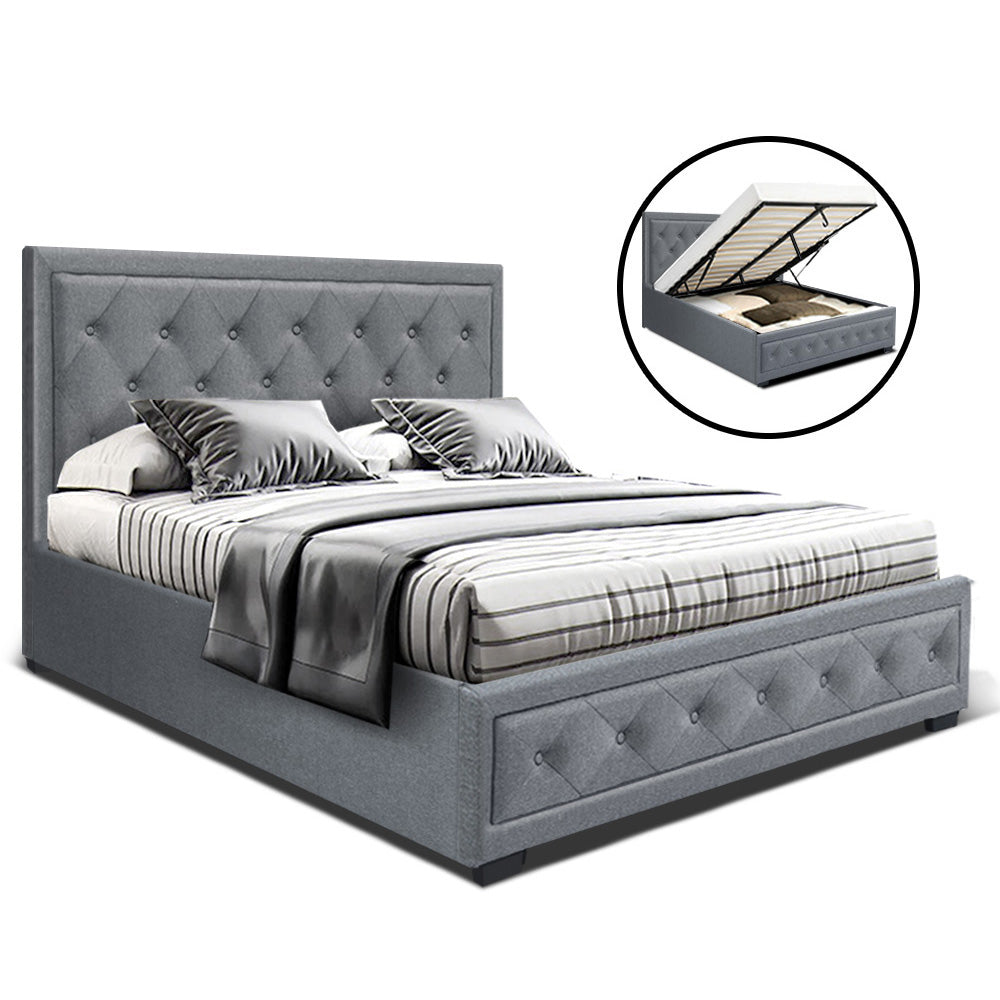 Artiss Bed Frame Double Full Size Gas Lift Base With Storage Grey Fabric TIYO