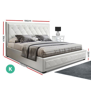Artiss TIYO King Size Gas Lift Bed Frame Base With Storage Mattress White Leather