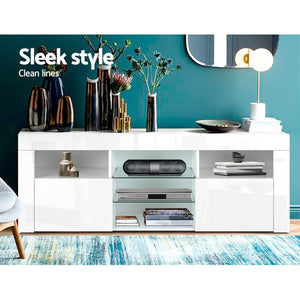 Artiss 145cm RGB LED TV Stand Cabinet Entertainment Unit Gloss Furniture Tempered Glass Shelf White
