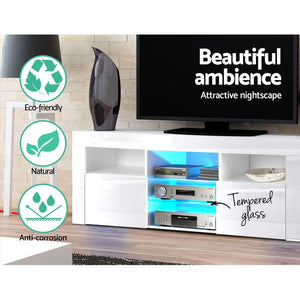 Artiss 145cm RGB LED TV Stand Cabinet Entertainment Unit Gloss Furniture Tempered Glass Shelf White