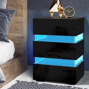 Artiss Bedside Table Side Unit RGB LED Lamp 3 Drawers Nightstand Gloss Furniture Black