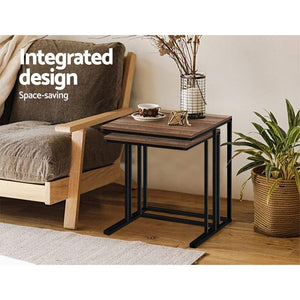 Artiss Coffee Table Nesting Side Tables Wooden Rustic Vintage Metal Frame