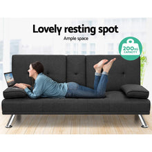 Load image into Gallery viewer, Artiss Linen Fabric 3 Seater Sofa Bed Recliner Lounge Couch Cup Holder Futon Dark Grey