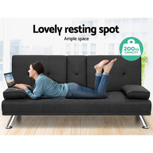 Artiss Linen Fabric 3 Seater Sofa Bed Recliner Lounge Couch Cup Holder Futon Dark Grey