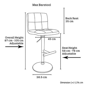Set of 2 Max Barstool Adjustable Height Black Colour