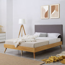 Load image into Gallery viewer, Natural Oak Ensemble Bed Frame Wooden Slat Fabric Headboard Queen