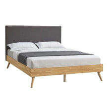 Load image into Gallery viewer, Natural Oak Ensemble Bed Frame Wooden Slat Fabric Headboard Queen