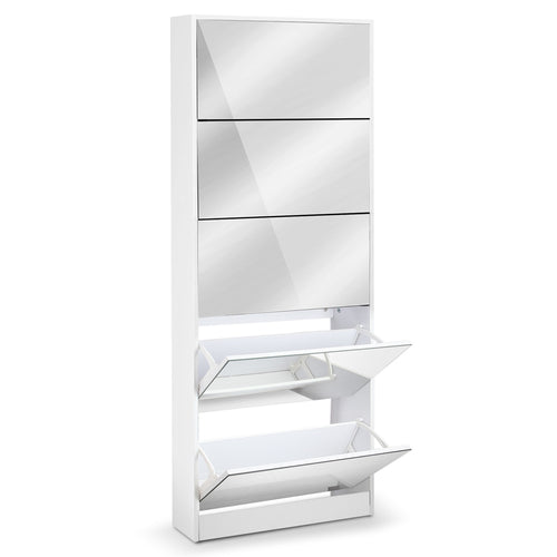 Artiss 5 Drawer Mirrored Wooden Shoe Cabinet - White